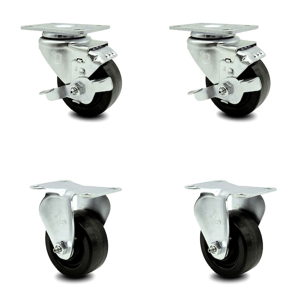 3 Inch Phenolic Swivel Top Plate Caster Set with 2 Brakes 2 Rigid
